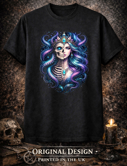 Kraken Sea Goddess Skeleton Skull Unisex Graphic T-Shirt Golden Age Dark Art Tee