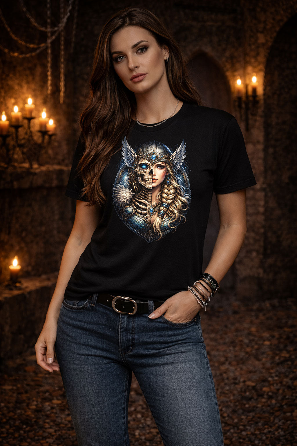 Viking Shield Maiden Skeleton Gothic Unisex Graphic T-Shirt Norse Warrior Tee