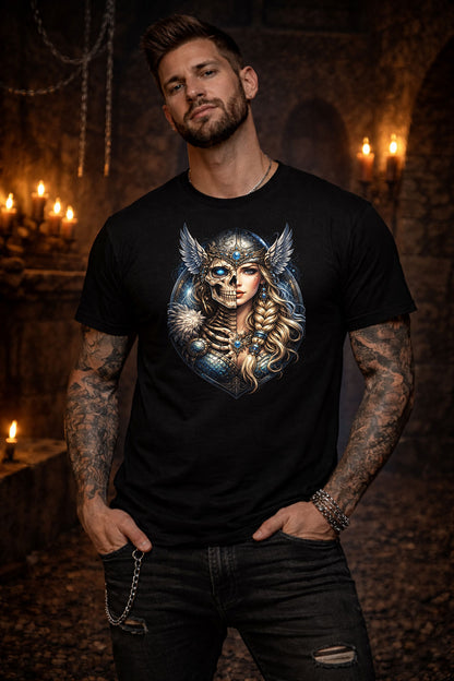 Viking Shield Maiden Skeleton Gothic Unisex Graphic T-Shirt Norse Warrior Tee
