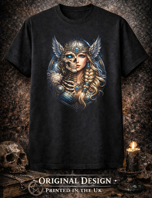 Viking Shield Maiden Skeleton Gothic Unisex Graphic T-Shirt Norse Warrior Tee