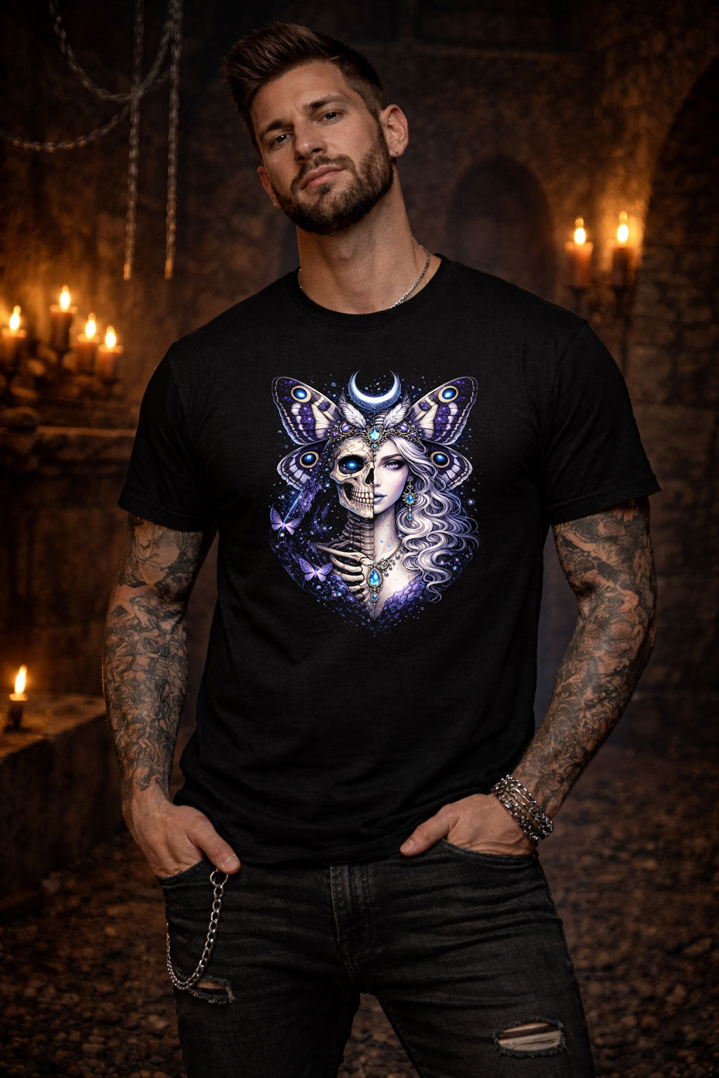 Moth Beautiful Skeleton Wings Graphic T-Shirt Skull Portrait Unisex Tee