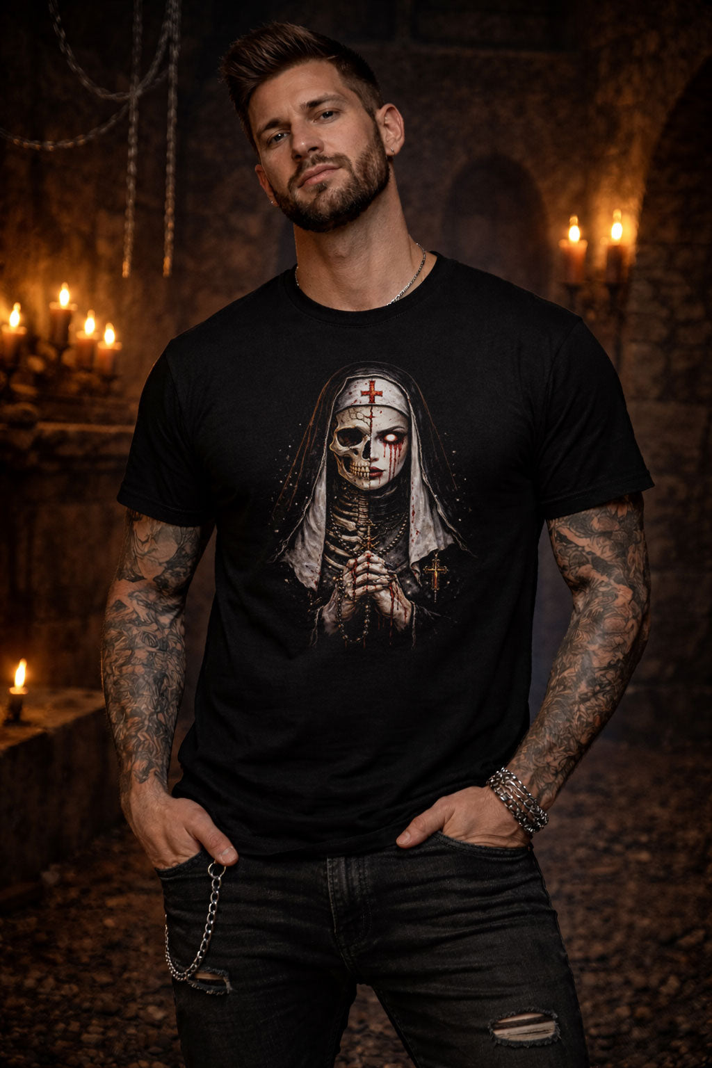 Dark Nun Skull Skeleton Gothic Horror Unisex Graphic T-Shirt Religious Scary