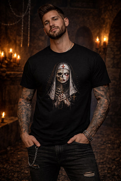 Dark Nun Skull Skeleton Gothic Horror Unisex Graphic T-Shirt Religious Scary