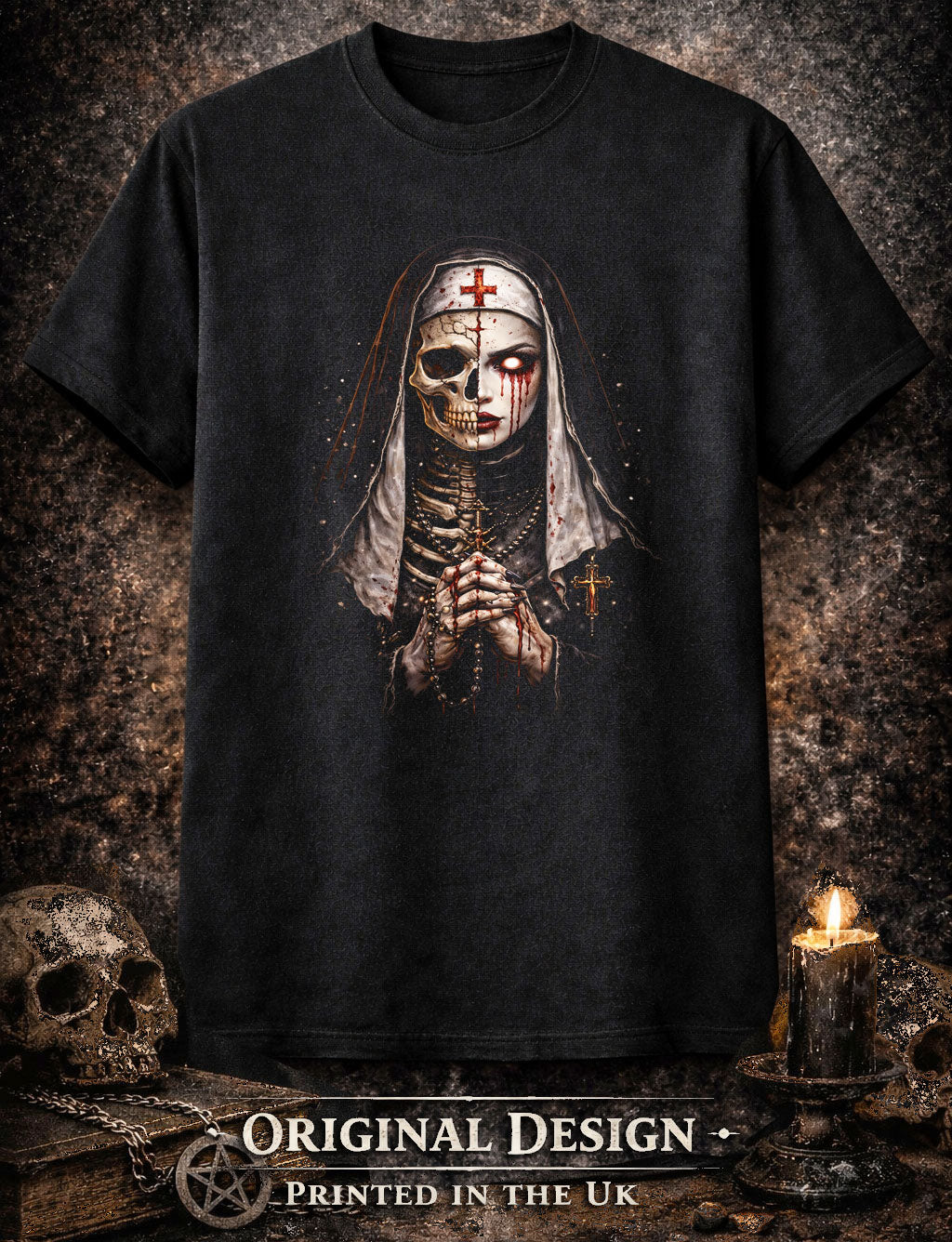 Dark Nun Skull Skeleton Gothic Horror Unisex Graphic T-Shirt Religious Scary