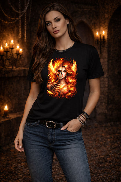 Phoenix Fire Skeleton Goddess Skull Unisex Graphic T-Shirt Flamed Death Art Tee