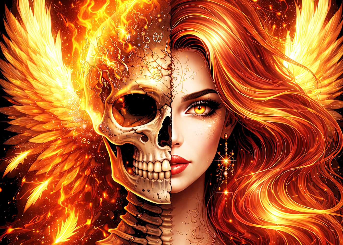 Phoenix Fire Skeleton Goddess Skull Unisex Graphic T-Shirt Flamed Death Art Tee