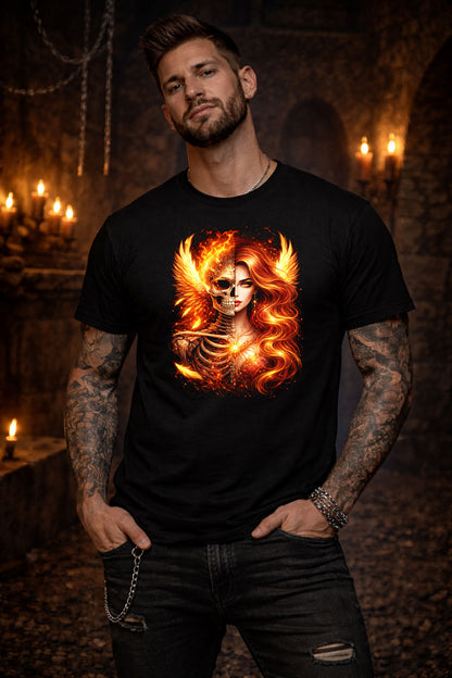 Phoenix Fire Skeleton Goddess Skull Unisex Graphic T-Shirt Flamed Death Art Tee