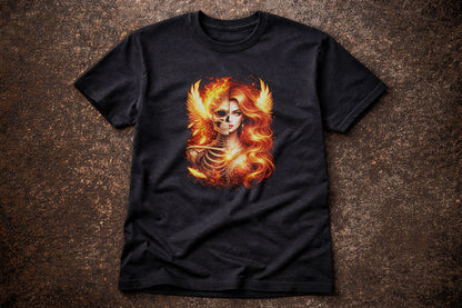 Phoenix Fire Skeleton Goddess Skull Unisex Graphic T-Shirt Flamed Death Art Tee