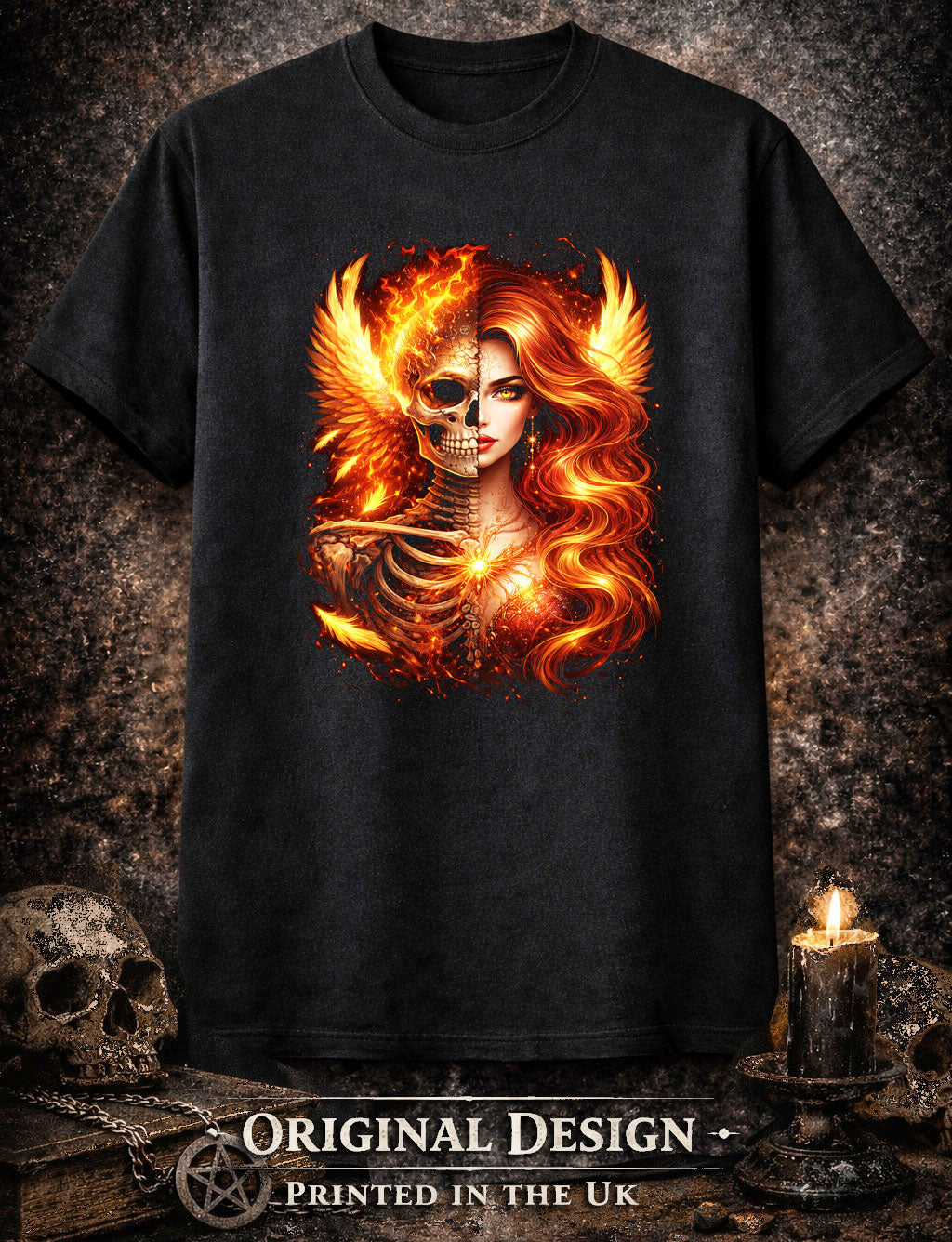 Phoenix Fire Skeleton Goddess Skull Unisex Graphic T-Shirt Flamed Death Art Tee