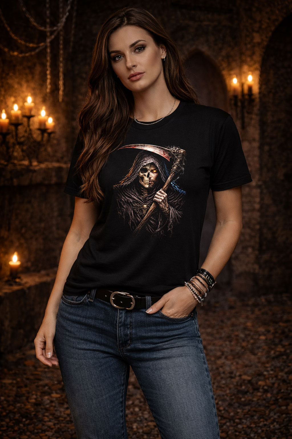 Grim Reaper Scythe Skeleton Skull Unisex Graphic T-Shirt Dark Death Art Tee
