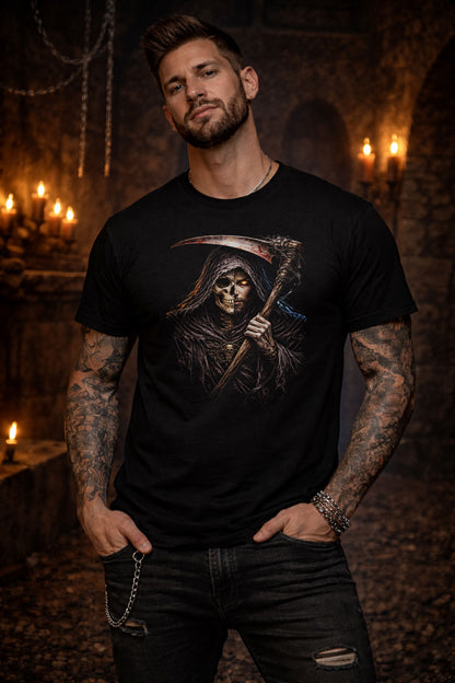 Grim Reaper Scythe Skeleton Skull Unisex Graphic T-Shirt Dark Death Art Tee