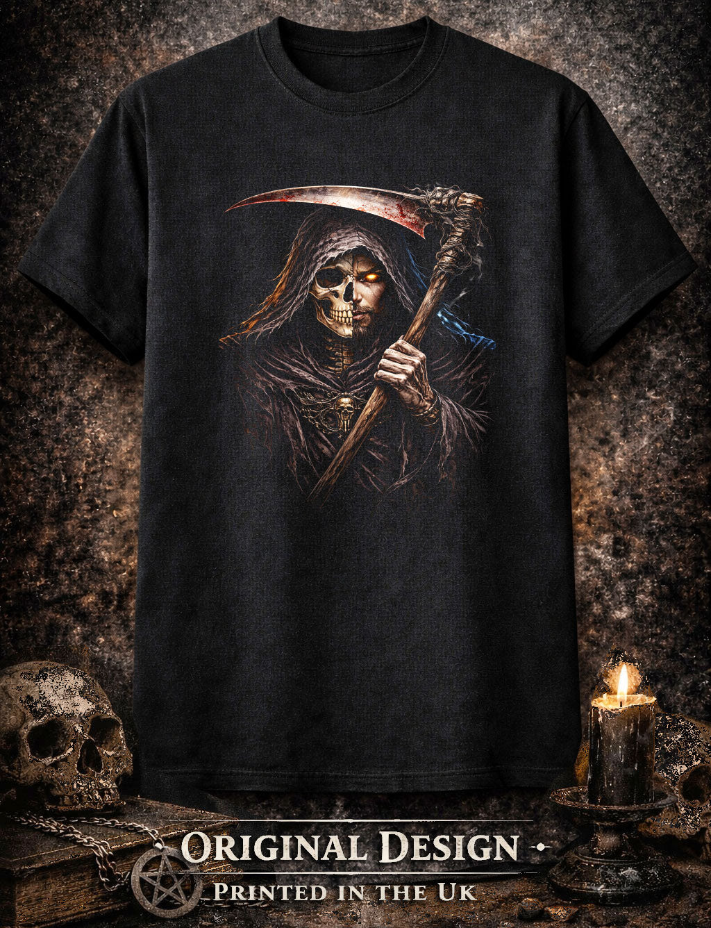 Grim Reaper Scythe Skeleton Skull Unisex Graphic T-Shirt Dark Death Art Tee