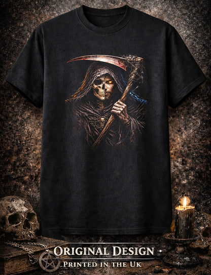 Grim Reaper Scythe Skeleton Skull Unisex Graphic T-Shirt Dark Death Art Tee
