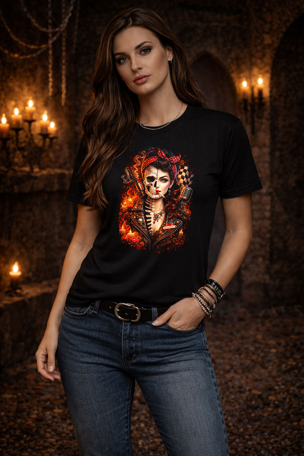 Rockabilly Skull Skeleton Pin Up Unisex Graphic T-Shirt Retro Biker Fire Art Tee