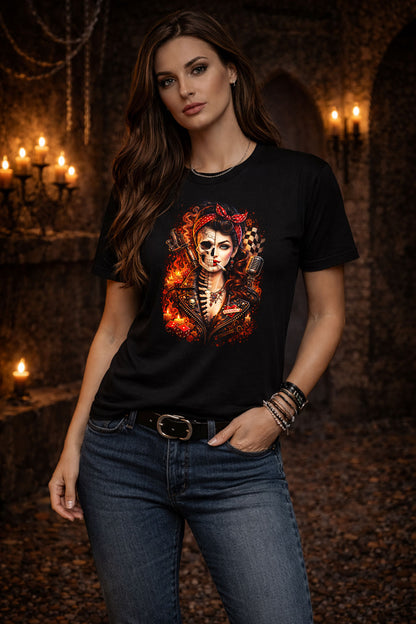 Rockabilly Skull Skeleton Pin Up Unisex Graphic T-Shirt Retro Biker Fire Art Tee