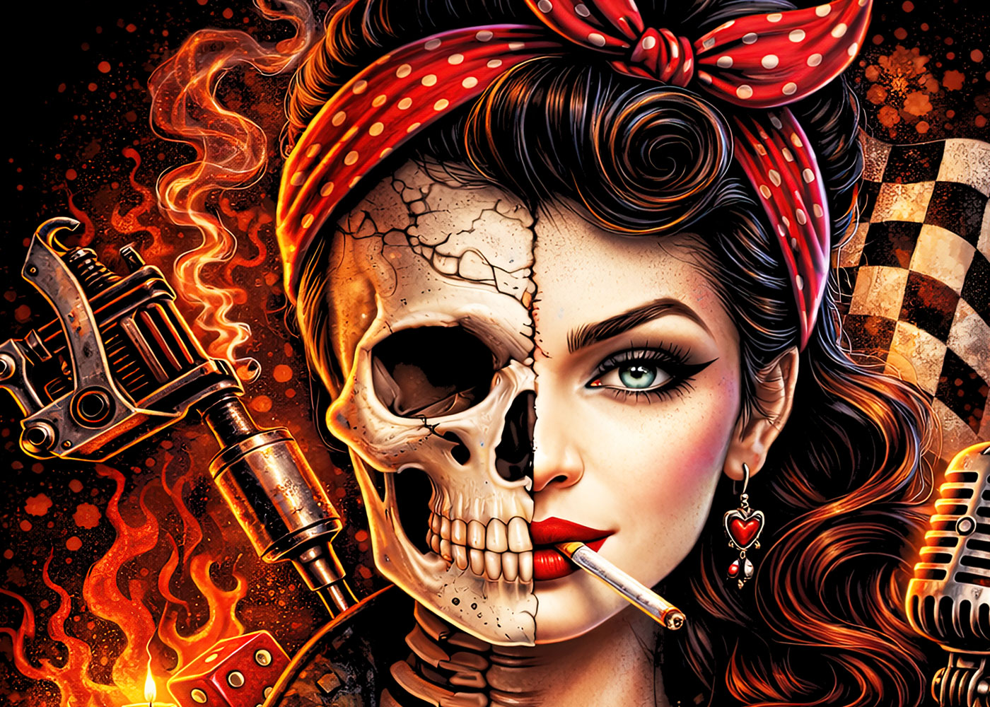 Rockabilly Skull Skeleton Pin Up Unisex Graphic T-Shirt Retro Biker Fire Art Tee