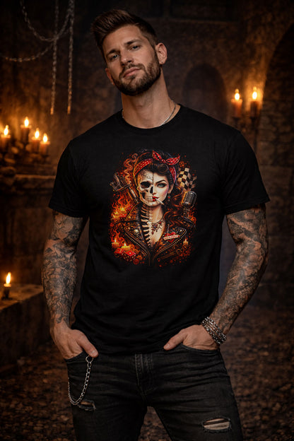 Rockabilly Skull Skeleton Pin Up Unisex Graphic T-Shirt Retro Biker Fire Art Tee