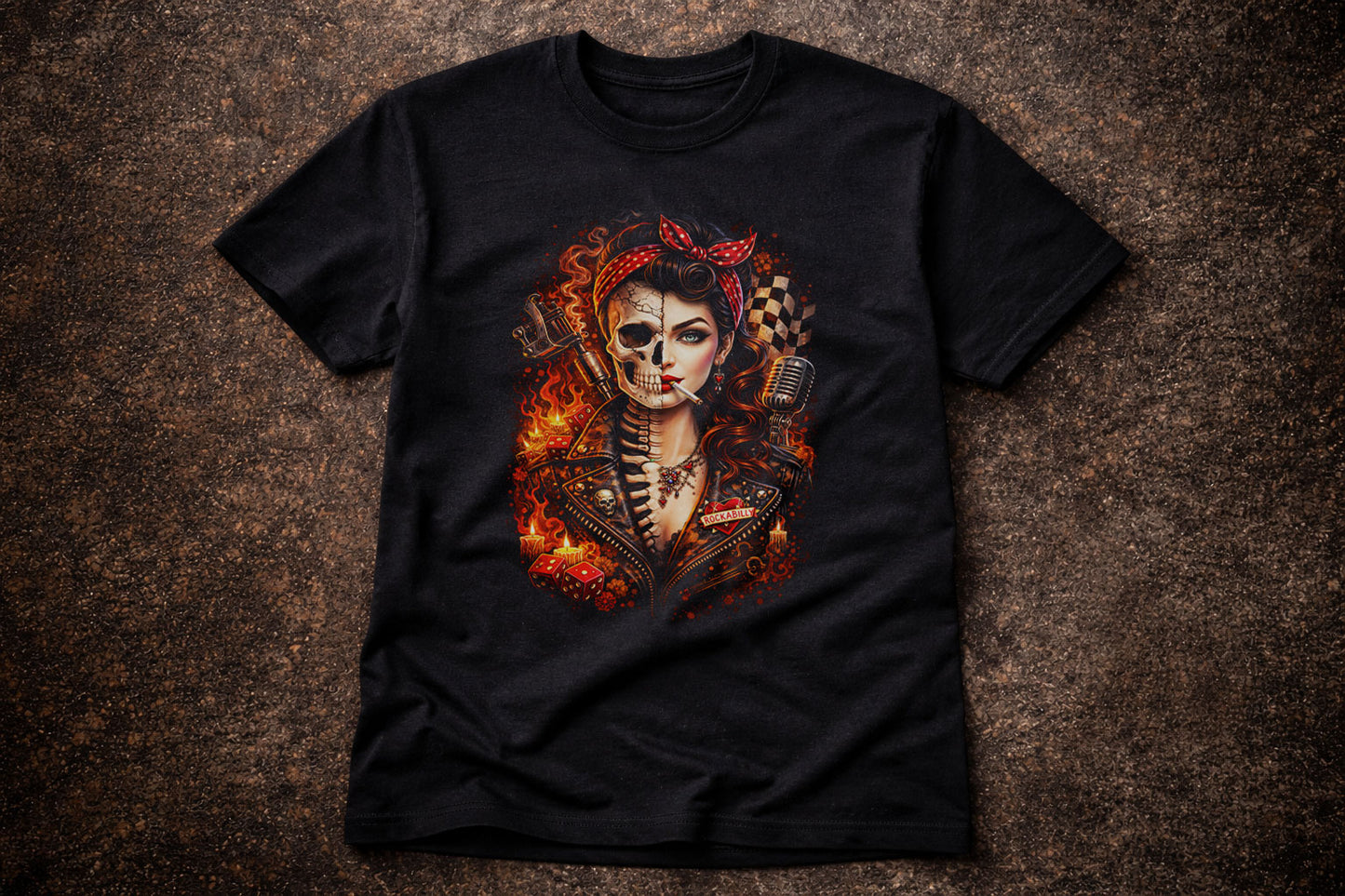 Rockabilly Skull Skeleton Pin Up Unisex Graphic T-Shirt Retro Biker Fire Art Tee