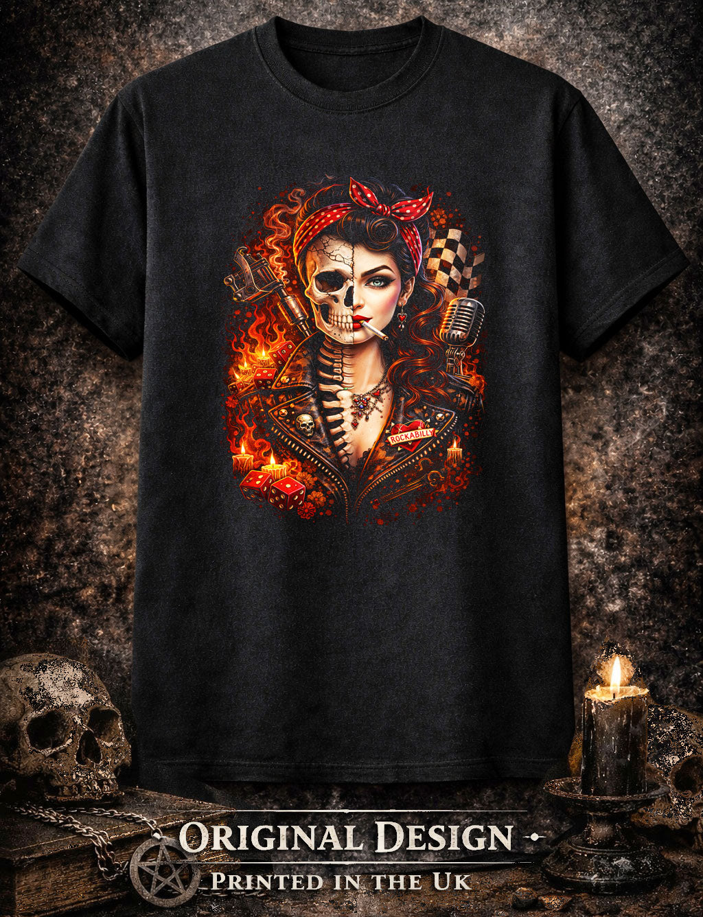Rockabilly Skull Skeleton Pin Up Unisex Graphic T-Shirt Retro Biker Fire Art Tee