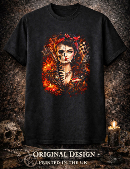 Rockabilly Skull Skeleton Pin Up Unisex Graphic T-Shirt Retro Biker Fire Art Tee
