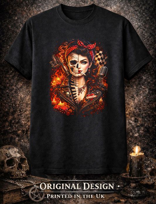 Rockabilly Skull Skeleton Pin Up Unisex Graphic T-Shirt Retro Biker Fire Art Tee
