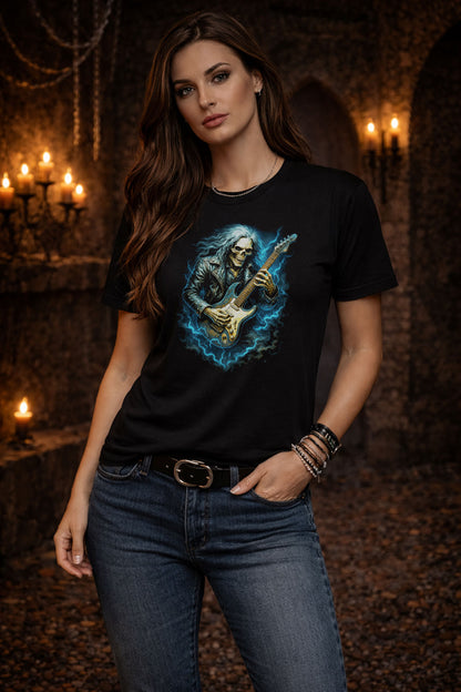 Electric Skull Guitarist T Shirt Skeleton Rocker Heavy Metal Gothic Music Tee