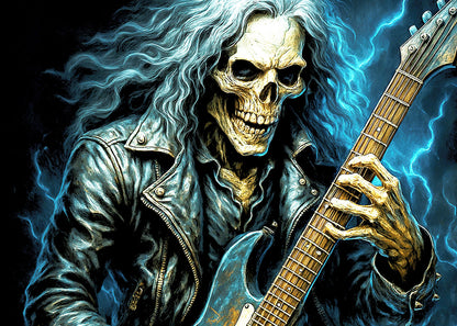 Electric Skull Guitarist T Shirt Skeleton Rocker Heavy Metal Gothic Music Tee