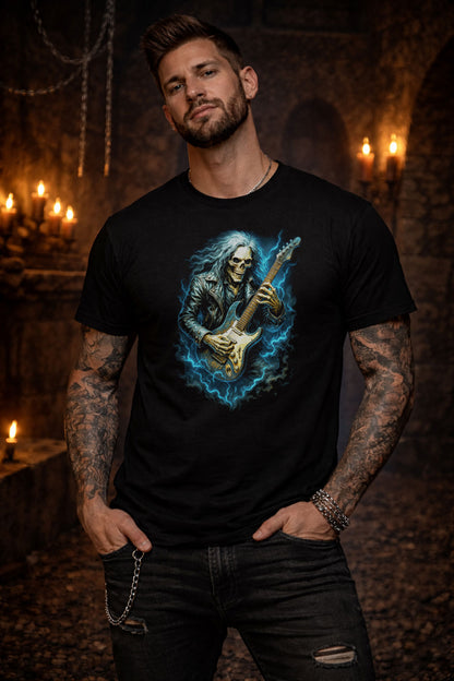 Electric Skull Guitarist T Shirt Skeleton Rocker Heavy Metal Gothic Music Tee