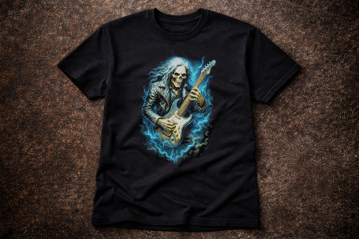 Electric Skull Guitarist T Shirt Skeleton Rocker Heavy Metal Gothic Music Tee