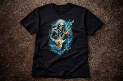 Electric Skull Guitarist T Shirt Skeleton Rocker Heavy Metal Gothic Music Tee