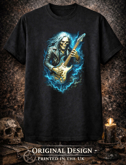 Electric Skull Guitarist T Shirt Skeleton Rocker Heavy Metal Gothic Music Tee