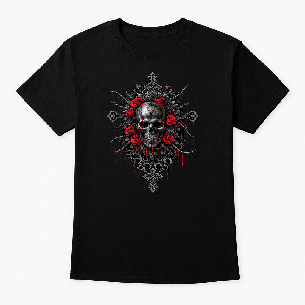 Thorned Skull & Crimson Roses Unisex T-Shirt Gothic Dark Art Emblem Tee