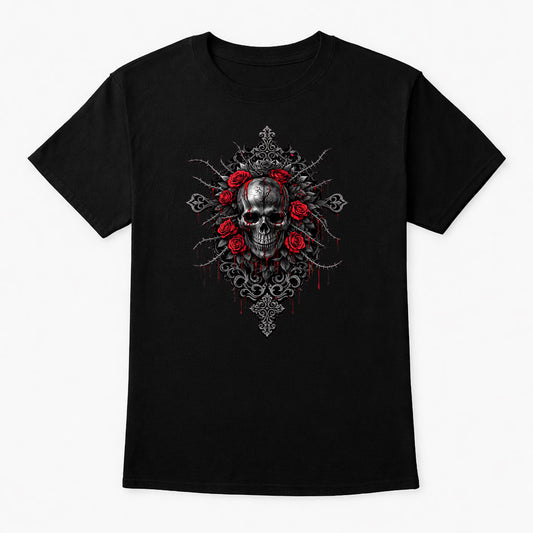 Thorned Skull & Crimson Roses Unisex T-Shirt Gothic Dark Art Emblem Tee