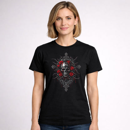 Thorned Skull & Crimson Roses Unisex T-Shirt Gothic Dark Art Emblem Tee