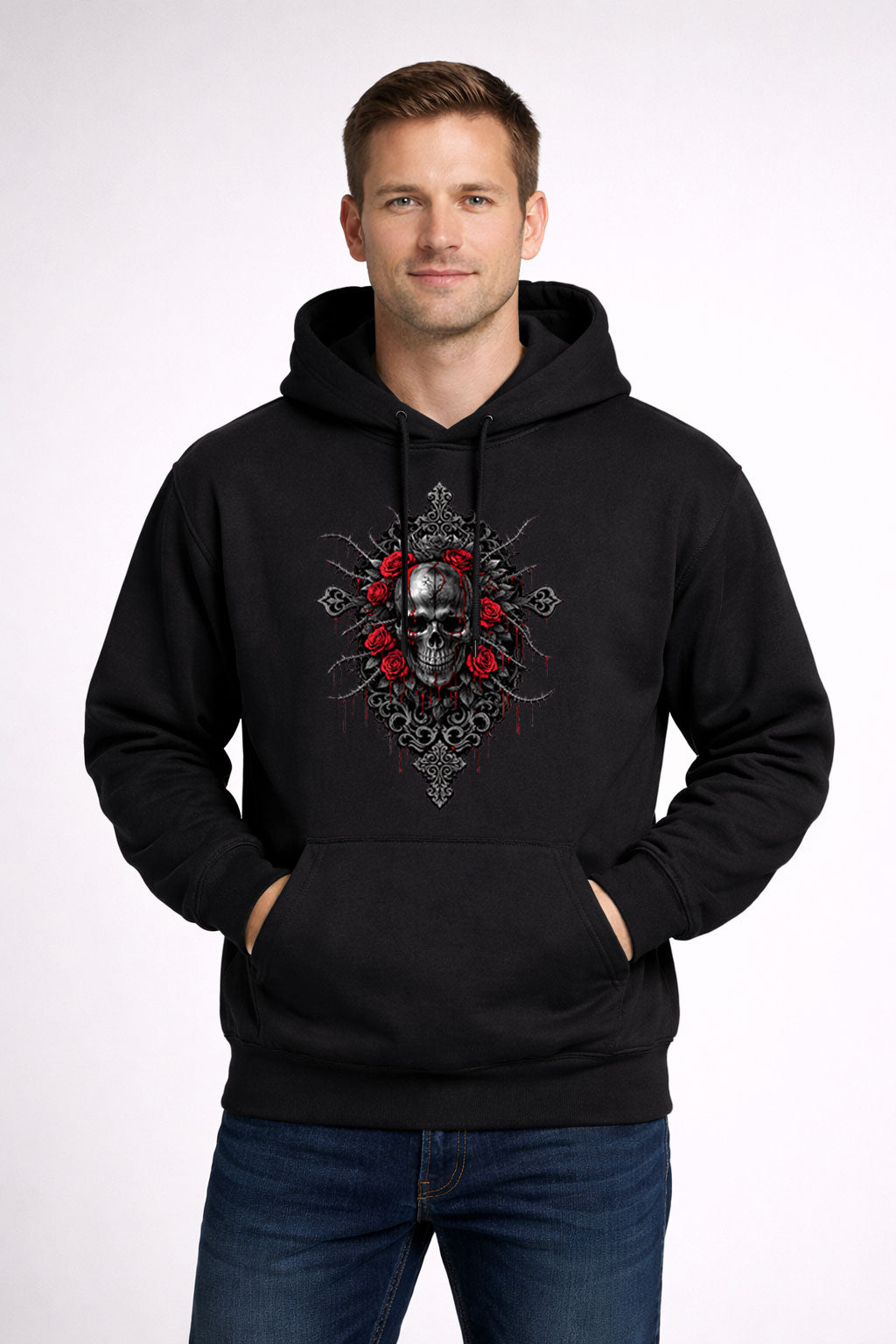 Thorned Skull & Crimson Roses Unisex T-Shirt Gothic Dark Art Emblem Tee