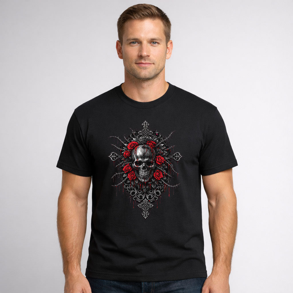 Thorned Skull & Crimson Roses Unisex T-Shirt Gothic Dark Art Emblem Tee