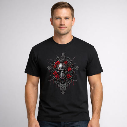 Thorned Skull & Crimson Roses Unisex T-Shirt Gothic Dark Art Emblem Tee
