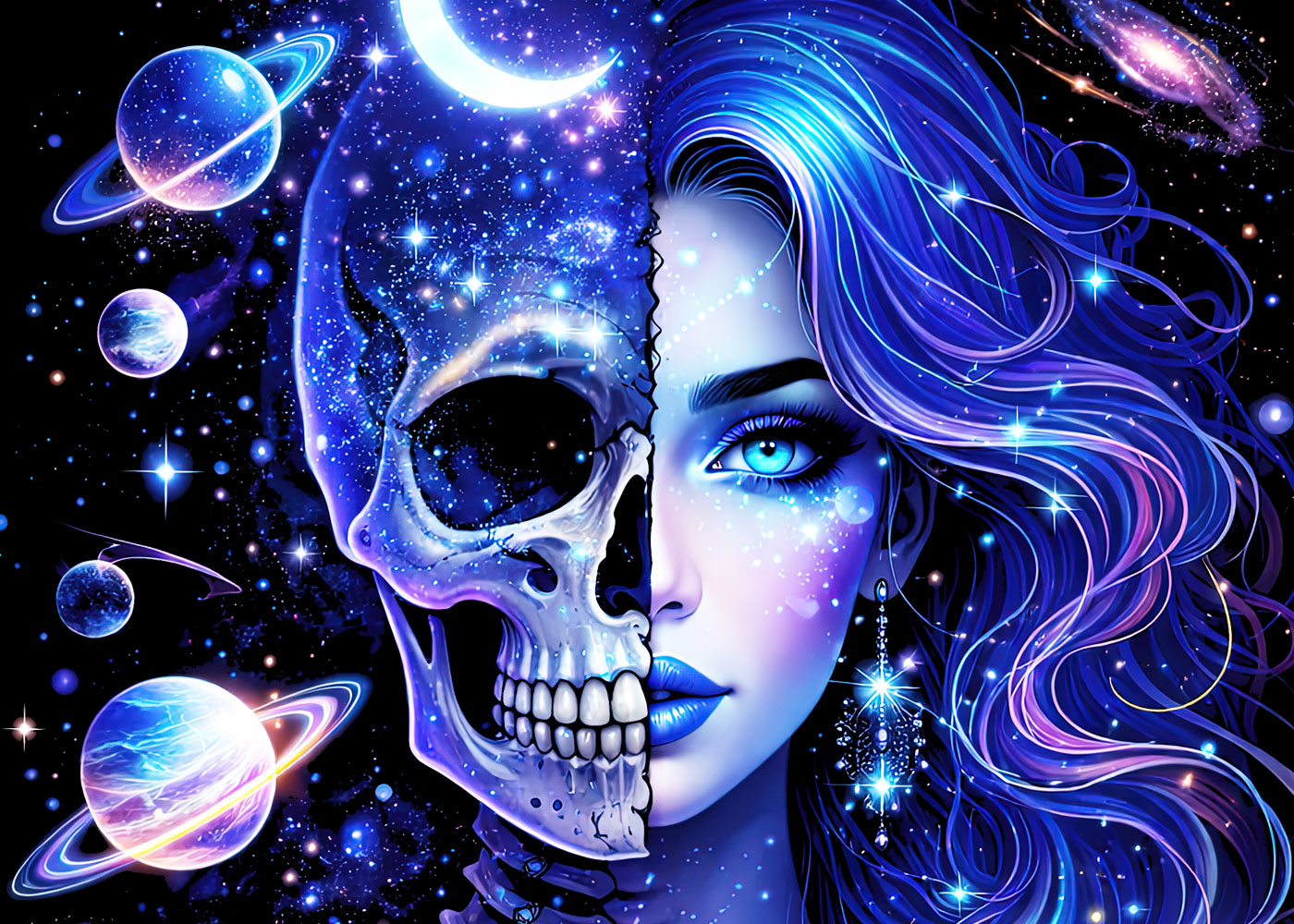 Comic Space Skeleton Goddess Skull Unisex Graphic T-Shirt Orbit Death Art Tee