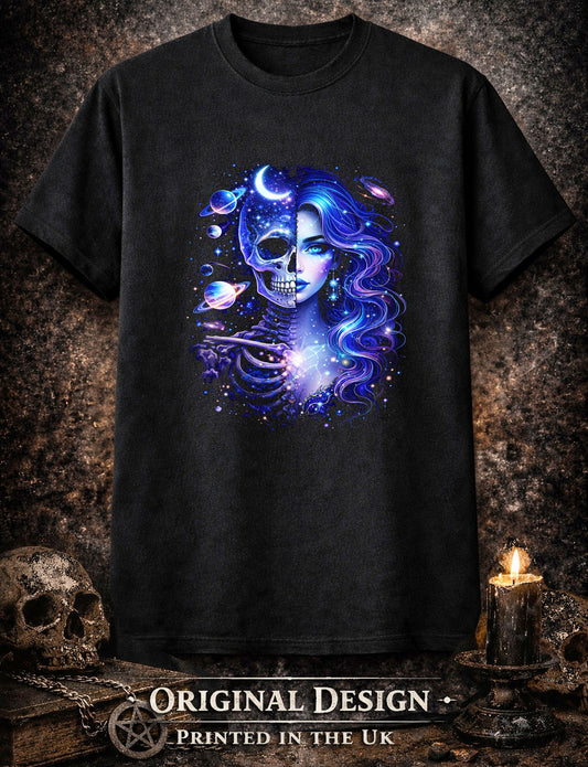 Comic Space Skeleton Goddess Skull Unisex Graphic T-Shirt Orbit Death Art Tee