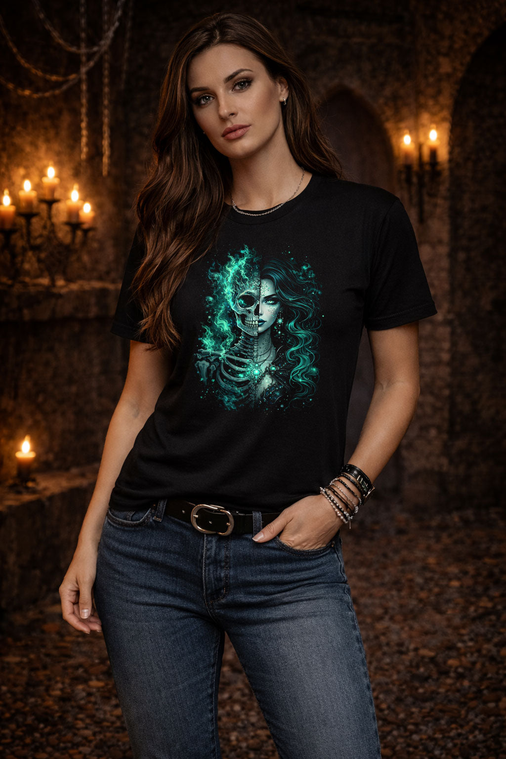 Toxic Green Skeleton Goddess Skull Unisex Graphic T-Shirt Emerald Death Art Tee
