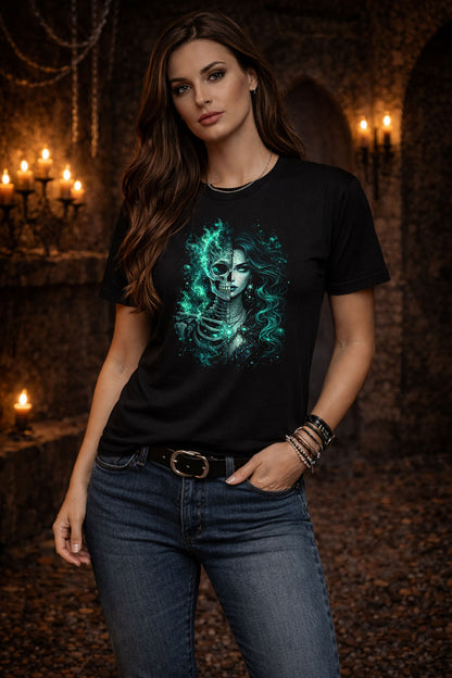 Toxic Green Skeleton Goddess Skull Unisex Graphic T-Shirt Emerald Death Art Tee