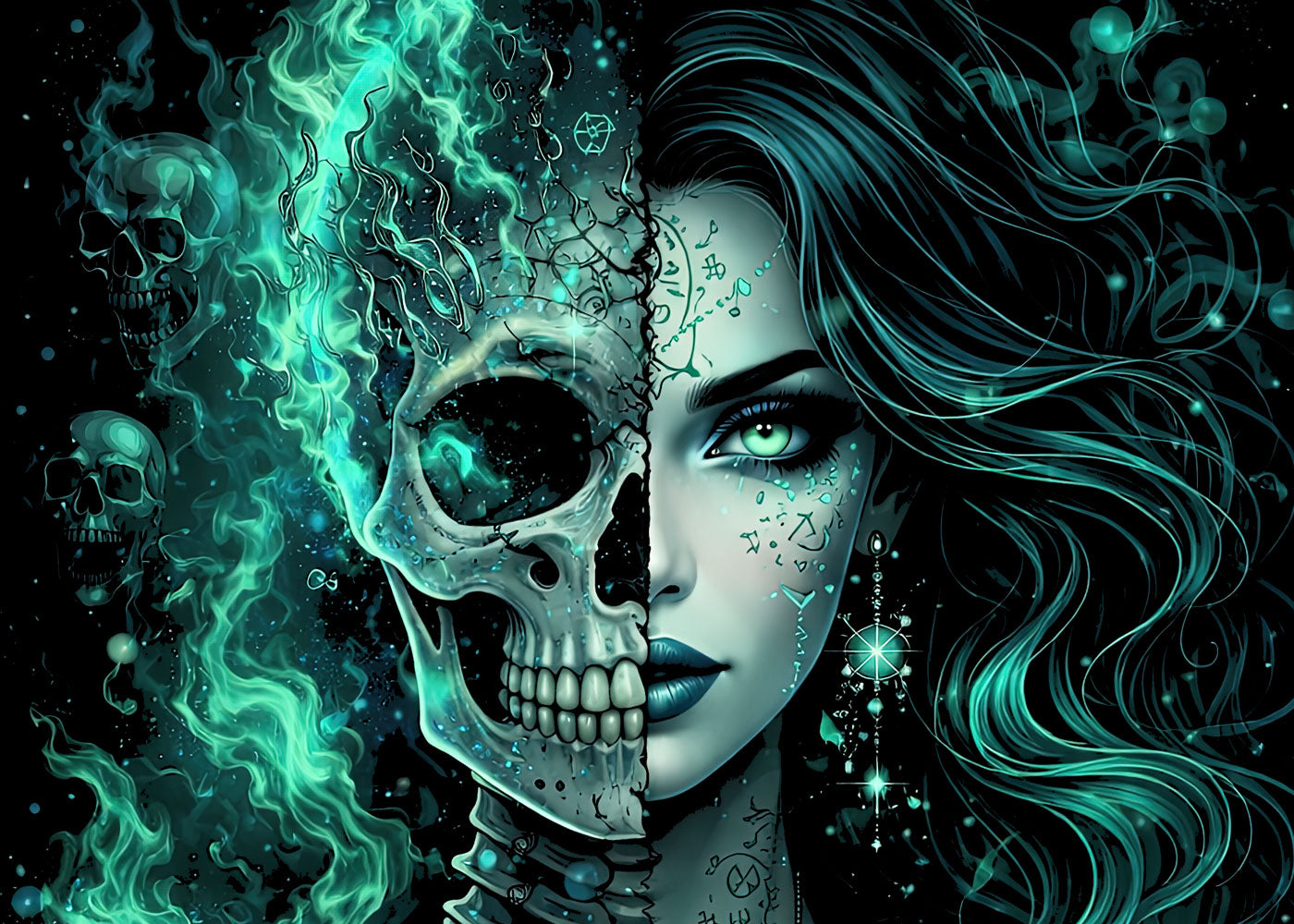 Toxic Green Skeleton Goddess Skull Unisex Graphic T-Shirt Emerald Death Art Tee