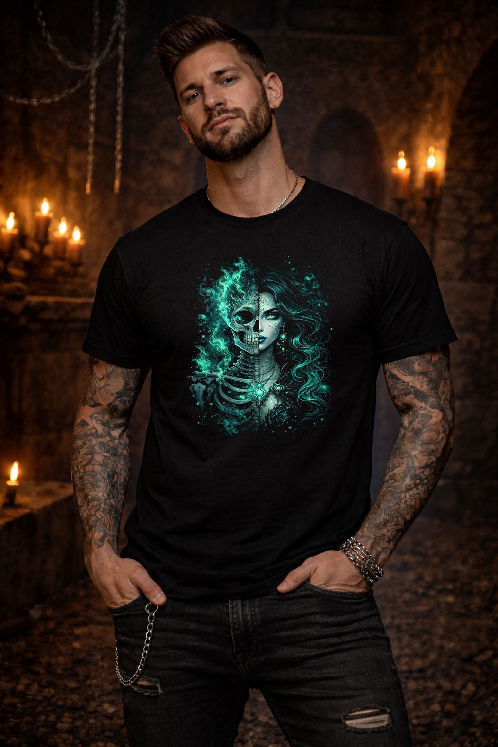Toxic Green Skeleton Goddess Skull Unisex Graphic T-Shirt Emerald Death Art Tee