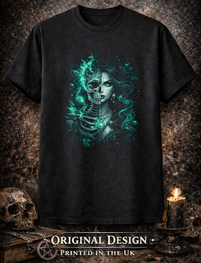 Toxic Green Skeleton Goddess Skull Unisex Graphic T-Shirt Emerald Death Art Tee