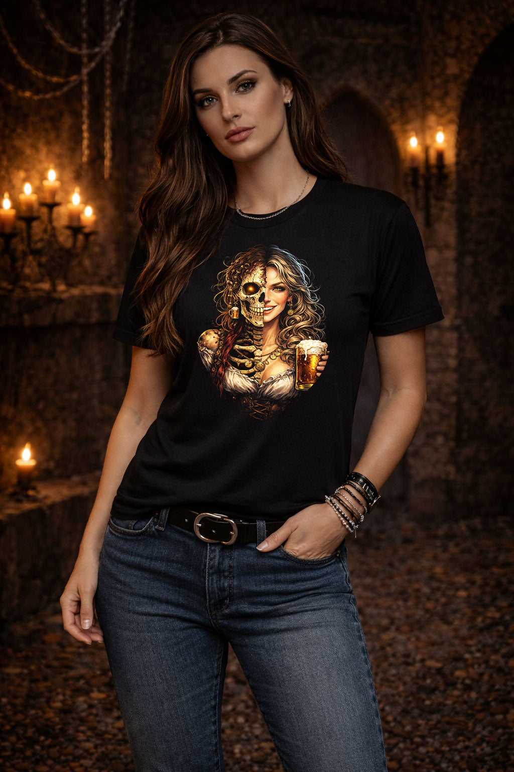 Pirate Beer Wench Skeleton Skull Unisex Graphic T-Shirt Barmaid Dark Art Tee