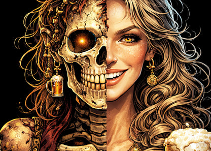 Pirate Beer Wench Skeleton Skull Unisex Graphic T-Shirt Barmaid Dark Art Tee