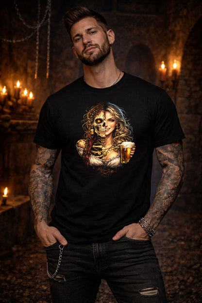 Pirate Beer Wench Skeleton Skull Unisex Graphic T-Shirt Barmaid Dark Art Tee