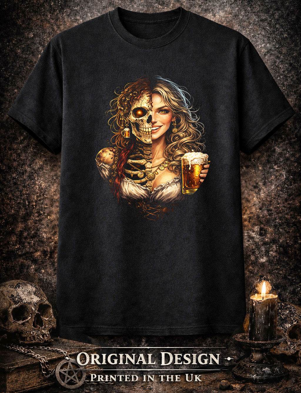 Pirate Beer Wench Skeleton Skull Unisex Graphic T-Shirt Barmaid Dark Art Tee