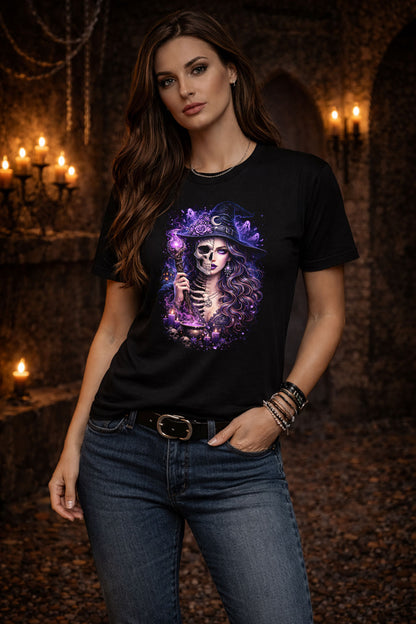 Witch Skull Skeleton Gothic Unisex Graphic T-Shirt Occult Dark Fantasy
