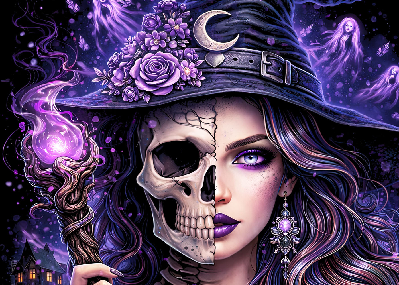 Witch Skull Skeleton Gothic Unisex Graphic T-Shirt Occult Dark Fantasy